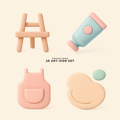 PSD 아이콘 디자인 예술 미술 취미 사람없음 세트 3D아이콘 3D 귀여움 앞치마 물감 다양 얼룩 오브젝트 이젤 그림 예술가 창작 파스텔톤 편집3D 컬러 다수 컨셉 문화예술 미술도구 디지털합성 파일형식