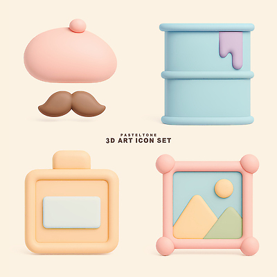 PSD 아이콘 디자인 예술 미술 사람없음 그래픽 세트 3D아이콘 3D 귀여움 흐름 앨범 콧수염 오브젝트 심플 페인트통 예술가 구성 잉크통 파스텔톤 화가모자 편집3D 모자_잡화 컬러 컨셉 문화예술 수염 통 페인트 디지털합성 파일형식