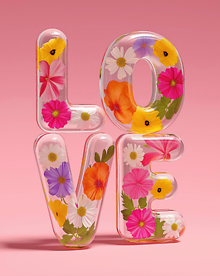 JPG 편집이미지 디자인 꽃 예술 분홍색 텍스트 사랑 타이포그라피 사람없음 그래픽 장식 투명 오브젝트 그림 포토샵 입체문자 창의력 스타일 이미지편집 편집실사 AI컴퓨터그래픽 AI콘텐츠 식물 문자 감정 컬러 CG 파일형식