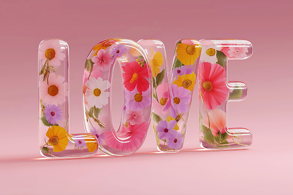 JPG 편집이미지 디자인 꽃 감정 예술 분홍색 사랑 타이포그라피 사람없음 장식 조형물 매력적 표현 투명 플라스틱 오브젝트 가벼움 뷰티풀 입체문자 창의성 스타일 이미지편집 편집실사 AI컴퓨터그래픽 AI콘텐츠 식물 문자 컬러 컨셉 재질 미술 무게 CG 파일형식