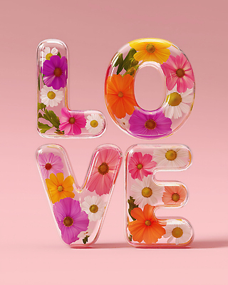 JPG 편집이미지 문자 디자인 꽃 감정 예술 분홍색 사랑 타이포그라피 사람없음 장식 표현 투명 오브젝트 감성 뷰티풀 입체문자 창의성 스타일 이미지편집 편집실사 AI컴퓨터그래픽 AI콘텐츠 식물 컬러 컨셉 CG 파일형식