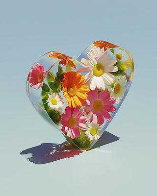 JPG 모양 편집이미지 디자인 꽃 예술 그림자 사람없음 장식 햇빛 매력적 하트 투명 오브젝트 뷰티풀 창의성 이미지편집 편집실사 AI컴퓨터그래픽 AI콘텐츠 식물 컨셉 태양 CG 파일형식