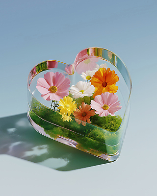 JPG 편집이미지 디자인 꽃 화분 여유 그림자 사람없음 장식 인테리어 하트 투명 오브젝트 화사함 감성 뷰티풀 이미지편집 편집실사 AI컴퓨터그래픽 AI콘텐츠 모양 식물 감정 컨셉 CG 파일형식