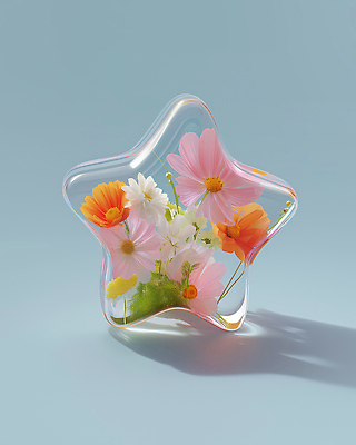 JPG 편집이미지 디자인 꽃 별 예술 그림자 사람없음 장식 인테리어 투명 분위기 고급 오브젝트 뷰티풀 생동감 이미지편집 편집실사 AI컴퓨터그래픽 AI콘텐츠 자연요소 식물 컨셉 CG 파일형식