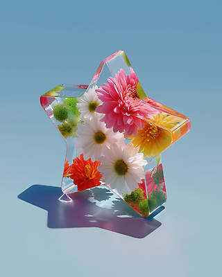 JPG 편집이미지 디자인 꽃 별 예술 그림자 사람없음 장식 인테리어 컬러풀 블록 투명 오브젝트 이미지편집 편집실사 AI컴퓨터그래픽 AI콘텐츠 자연요소 식물 컬러 CG 파일형식