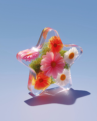 JPG 편집이미지 디자인 꽃 별 예술 그림자 사람없음 장식 여름 투명 오브젝트 꾸미기 뷰티풀 창의성 아크릴 이미지편집 편집실사 AI컴퓨터그래픽 AI콘텐츠 자연요소 식물 계절 재질 CG 파일형식