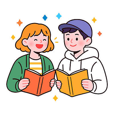 커플 여자 남자 행복 감정 문화 일러스트 대화 웃음 두명 책 친구 반짝임 학습 독서 만남 즐거움 교류 소통 긍정적 문화생활 국내일러스트 AI파일 라이프스타일 교육 컨셉 관계 모션 표정 말하기 사람 파일형식 벡터