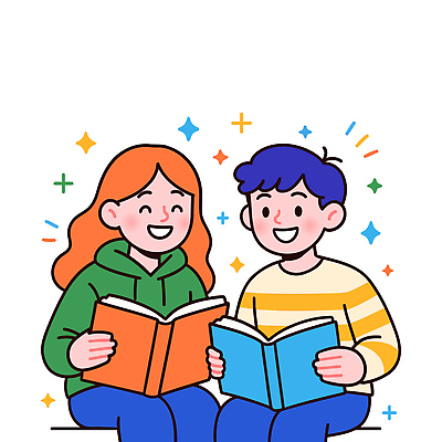 커플 여자 남자 일러스트 휴식 웃음 소녀 두명 책 여름 친구 반짝임 학습 독서 교양 즐거움 문화생활 상상력 국내일러스트 AI파일 라이프스타일 계절 교육 감정 어린이 컨셉 관계 모션 표정 사람 파일형식 벡터