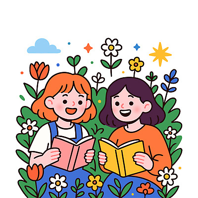 여자 행복 어린이 꽃밭 일러스트 자연 웃음 잔디 두명 책 여름 친구 반짝임 학습 독서 정원 만남 읽기 즐거움 화사함 문화생활 여자만 국내일러스트 AI파일 식물 라이프스타일 계절 교육 꽃 감정 컨셉 관계 모션 표정 사람 생태계 파일형식 벡터
