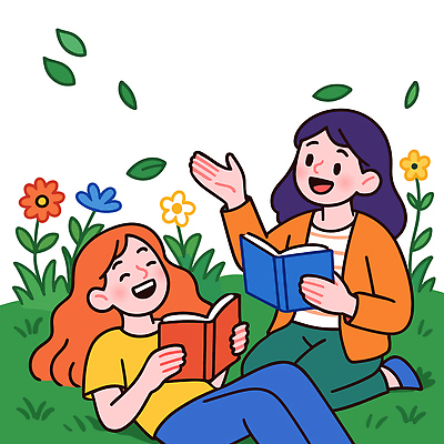 여자 행복 여유 어린이 잎 꽃밭 일러스트 자연 웃음 잔디 초원 두명 책 친구 학습 청춘 독서 소풍 만남 즐거움 힐링 문화생활 여자만 국내일러스트 AI파일 식물 라이프스타일 교육 꽃 감정 컨셉 관계 표정 사람 야외활동 생태계 파일형식 벡터