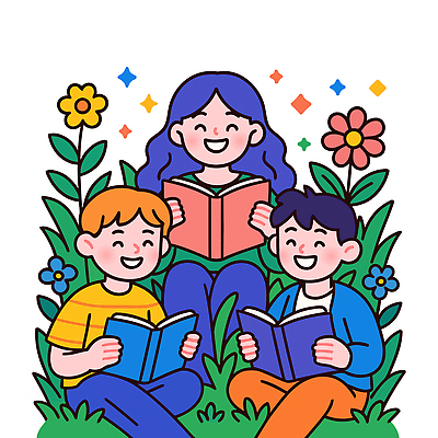 여자 남자 행복 화초 어린이 꽃밭 일러스트 자연 대화 웃음 잔디 책 세명 친구 반짝임 학습 독서 소풍 즐거움 문화생활 상상력 국내일러스트 AI파일 식물 라이프스타일 교육 꽃 감정 관계 모션 표정 말하기 사람 야외활동 생태계 파일형식 벡터