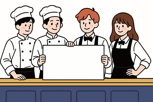 옷 여자 남자 음식 허리손 유니폼 일러스트 협력 요리사모자 요리 여러명 주방 식당 레스토랑 요리사 앞치마 팻말 잡기 조리복 직원 자영업 카피스페이스 국내일러스트 AI파일 직업 모자_잡화 포즈 다수 비즈니스 모션 프레임 사람 상점 공백 파일형식 벡터