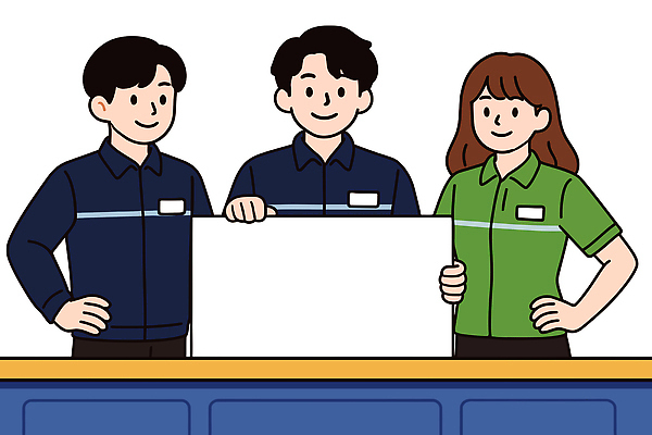 여자 남자 허리손 일러스트 협력 친절 세명 팻말 정보 잡기 업무 직원 서비스 자영업 마트 환영 소통 카피스페이스 국내일러스트 AI파일 포즈 컨셉 비즈니스 모션 프레임 사람 상점 공백 작업 파일형식 벡터