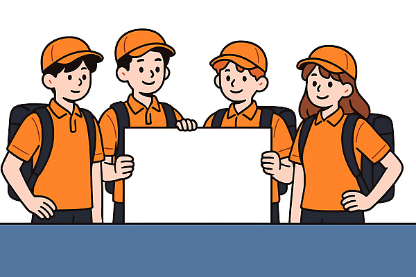 여자 남자 종이 허리손 포즈 유니폼 일러스트 배낭 협력 여러명 친구 주황색 팻말 잡기 그룹 배달원 배송 자영업 캡모자 카피스페이스 국내일러스트 AI파일 직업 모자_잡화 옷 컬러 다수 가방 비즈니스 관계 모션 프레임 사람 공백 파일형식 벡터