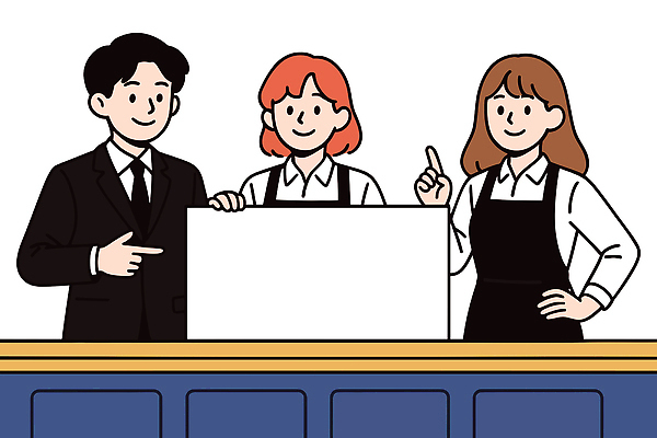 여자 남자 허리손 일러스트 친절 함께함 대화 웃음 정장 세명 판매 앞치마 팻말 정보 가리킴 잡기 판넬 직원 서비스 자영업 의사소통 카피스페이스 국내일러스트 AI파일 옷 포즈 컨셉 비즈니스 모션 프레임 표정 말하기 사람 손짓 공백 파일형식 벡터