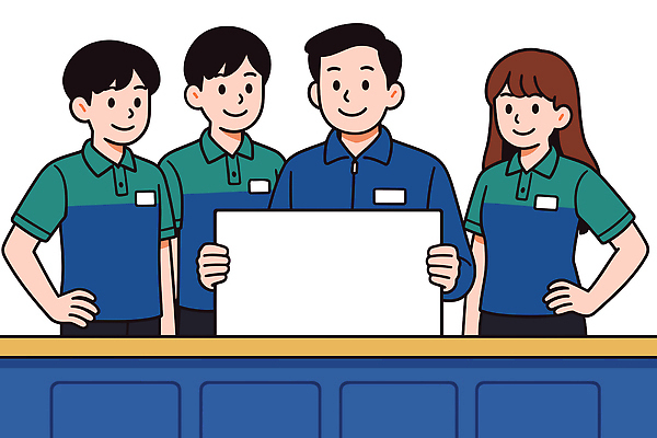 여자 남자 허리손 유니폼 일러스트 협력 친절 함께함 대화 웃음 여러명 상반신 팻말 잡기 직원 서비스 자영업 마트 카피스페이스 국내일러스트 AI파일 옷 포즈 다수 컨셉 비즈니스 모션 프레임 표정 말하기 사람 상점 공백 파일형식 벡터