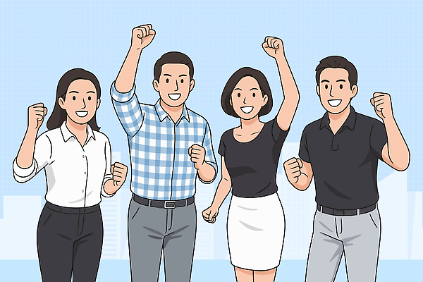 남자 하늘색 일러스트 응원 모션 협력 함께함 여러명 일상 손들기 파이팅 기쁨 축하 도시 우승 동료 긍정 국내일러스트 AI파일 감정 다수 컨셉 관계 사람 라이프 파란색 최고 파일형식 벡터