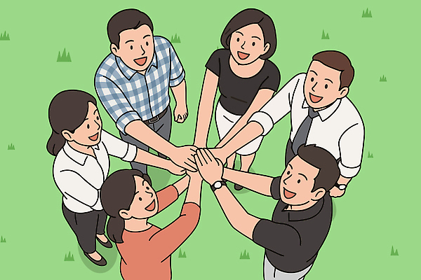 남자 일러스트 응원 모션 협력 함께함 잔디 여러명 파이팅 우정 모임 도전 동료 즐거움 손모으기 공동체 긍정적 리더쉽 국내일러스트 AI파일 식물 감정 다수 컨셉 관계 사람 손짓 친구 파일형식 벡터