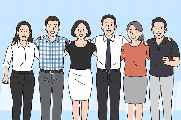 남자 행복 일러스트 비즈니스 응원 모션 어깨동무 협력 직장 함께함 웃음 여러명 친구 파이팅 촬영 축하 그룹 동료 즐거움 화합 국내일러스트 AI파일 감정 포즈 다수 컨셉 회사 관계 표정 사람 파일형식 벡터