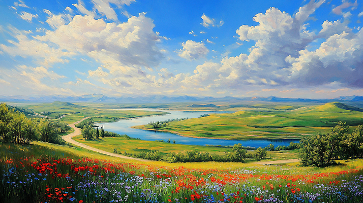 JPG 나무 구름 꽃밭 일러스트 자연 하늘 풍경 초원 사람없음 물 여름 파란색 강 평화 환경 맑음 언덕 그림 국내일러스트 AI일러스트 AI콘텐츠 자연요소 식물 계절 꽃 컬러 컨셉 날씨 생태계 파일형식