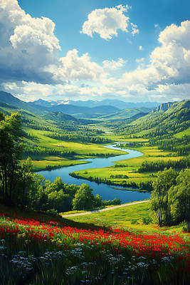 JPG 나무 구름 꽃밭 일러스트 자연 하늘 산 풍경 초원 사람없음 물 여름 파란색 강 평화 계곡 맑음 언덕 국내일러스트 AI일러스트 AI콘텐츠 자연요소 식물 계절 꽃 컬러 컨셉 날씨 생태계 파일형식