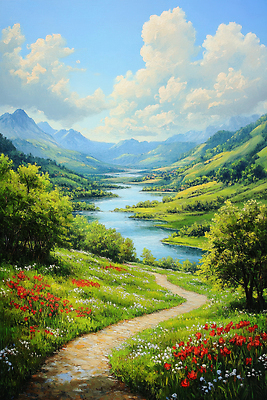 JPG 나무 구름 꽃밭 일러스트 자연 하늘 산 풍경 초원 사람없음 물 여름 강 평화 계곡 맑음 산책로 숲 국내일러스트 AI일러스트 AI콘텐츠 자연요소 식물 계절 꽃 길 컨셉 날씨 생태계 파일형식