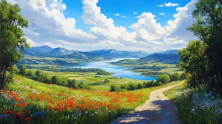JPG 나무 구름 꽃밭 일러스트 자연 하늘 산 풍경 초원 사람없음 물 여름 파란색 강 평화 맑음 산책로 힐링 국내일러스트 AI일러스트 AI콘텐츠 자연요소 식물 계절 꽃 길 컬러 컨셉 날씨 생태계 파일형식