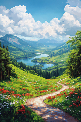 JPG 나무 구름 꽃밭 일러스트 자연 하늘 산 풍경 초원 사람없음 물 여름 강 평화 맑음 산책로 숲 국내일러스트 AI일러스트 AI콘텐츠 자연요소 식물 계절 꽃 길 컨셉 날씨 생태계 파일형식