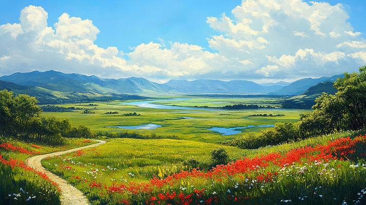 JPG 나무 구름 꽃밭 일러스트 자연 하늘 산 한국 풍경 초원 사람없음 초록색 물 여름 강 평화 맑음 산책로 국내일러스트 AI일러스트 AI콘텐츠 자연요소 식물 계절 꽃 아시아 길 컬러 컨셉 날씨 생태계 파일형식