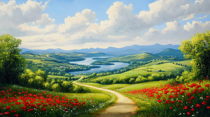 JPG 나무 구름 길 호수 꽃밭 일러스트 자연 하늘 산 풍경 초원 사람없음 초록색 물 여름 평화 걷기 맑음 산책로 땅 언덕 국내일러스트 AI일러스트 AI콘텐츠 자연요소 식물 계절 꽃 컬러 컨셉 모션 날씨 생태계 파일형식