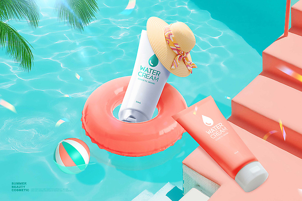 PSD 편집이미지 물결 물놀이 수영장 사람없음 물 여름 햇빛 화장 계단 떠있는 비치볼 밀짚모자 튜브 스킨케어 야자수잎 수분크림 튜브용기 이미지편집 자연요소 모자_잡화 계절 잎 공 모션 놀이 바캉스용품 태양 뷰티 화장품 용기_그릇 파일형식