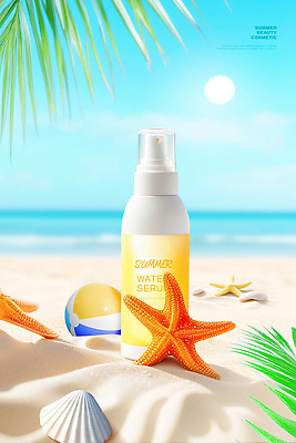 PSD 편집이미지 모래 열대 불가사리 해변 사람없음 야외 여름 모래사장 햇빛 화장품 촉촉함 조개껍데기 비치볼 야자수잎 세럼 이미지편집 계절 바다 잎 공 조개 극피동물 바캉스용품 태양 뷰티 젖음 파일형식