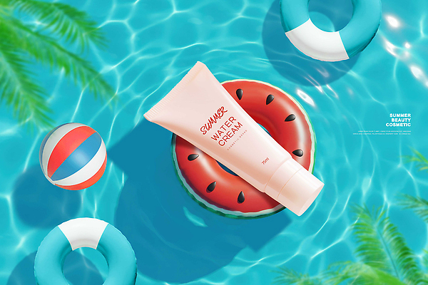 PSD 편집이미지 물결 바다 하늘색 휴가 열대 수박 수영장 사람없음 물 여름 수영 비치볼 튜브 야자수잎 수박모양 수분크림 튜브용기 이미지편집 자연요소 모양 계절 잎 과일 공 바캉스용품 파란색 화장품 수상스포츠 용기_그릇 파일형식