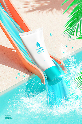 PSD 편집이미지 수영장 사람없음 물 여름 햇빛 촉촉함 미끄럼틀 시원함 튀는물 스킨케어 수분크림 워터슬라이드 튜브용기 이미지편집 자연요소 계절 태양 뷰티 화장품 젖음 용기_그릇 놀이기구 액체표현 스플래쉬 파일형식