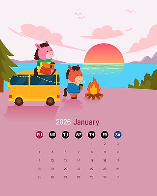 나무 구름 바다 분홍색 여행 겨울 일러스트 하늘 새해 미소 들기 앉기 해변 사람없음 친구 태양 귀여움 일몰 캠핑 달력 가을 포근함 모닥불 캠핑카 1월 테이크아웃컵 국내일러스트 병오년 붉은말 붉은말캐릭터 AI파일 자연요소 식물 계절 컬러 컨셉 관계 모션 자동차 불 레저 표정 컵 노을 말_동물 감각 날짜 말캐릭터 파일형식 벡터 2026년