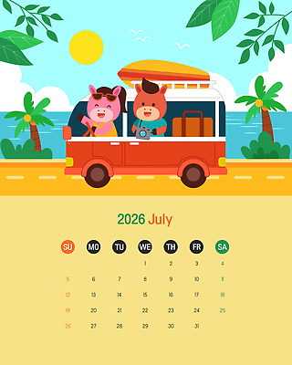 구름 여행 잎 일러스트 가족 갈매기 하늘 휴가 새해 미소 웃음 들기 해변 사람없음 여름 선글라스 야자수 햇빛 노란색 카메라 여행가방 활발 드라이브 운전 달력 서핑보드 서핑 해수욕장 캠핑카 7월 국내일러스트 병오년 붉은말 붉은말캐릭터 AI파일 자연요소 나무 식물 계절 안경 바다 컬러 컨셉 가방 관계 모션 자동차 조류 표정 전자제품 태양 수상스포츠 말_동물 보드_스포츠 날짜 말캐릭터 파일형식 벡터 2026년