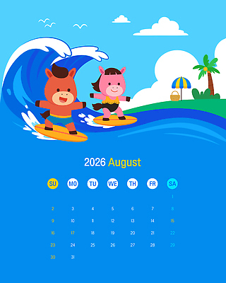 구름 물결 파도 바다 일러스트 놀이 갈매기 하늘 새해 미소 사람없음 여름 파란색 야자수 달력 파라솔 서핑보드 풀 서핑 즐거움 8월 비치백 액티비티 국내일러스트 병오년 붉은말 붉은말캐릭터 AI파일 자연요소 나무 식물 계절 감정 컬러 조류 표정 수상스포츠 말_동물 보드_스포츠 날짜 말캐릭터 파일형식 벡터 2026년 가방_잡화