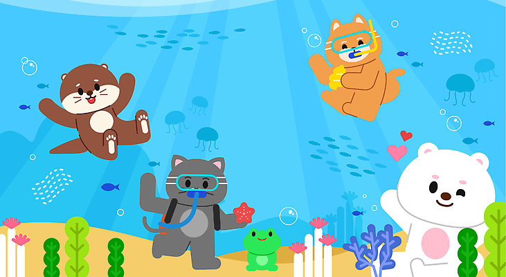 바다 동물캐릭터 하늘색 일러스트 곰 조개 불가사리 개구리 윙크 미소 들기 사람없음 친구 여름휴가 바캉스 손들기 귀여움 바닷속 수중 수영 고양이 하트 해초 산호 강아지 물안경 잠수 즐거움 공기방울 해파리 잠수경 잠수용품 수달 잠수장비 물고기떼 국내일러스트 일러캐릭터 AI파일 모양 동물 캐릭터 감정 컨셉 포유류 관계 모션 휴가 어패류 극피동물 표정 양서류 어류 파란색 반려동물 장비 수상스포츠 해조류 자포동물 개 레포츠용품 수영용품 파일형식 벡터 여름_계절