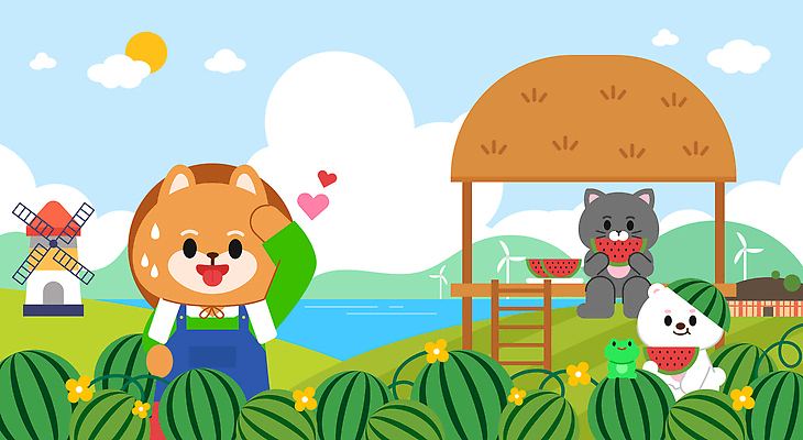 구름 동물캐릭터 일러스트 곰 하늘 주택 개구리 미소 웃음 들기 앉기 사람없음 친구 여름휴가 바캉스 태양 고양이 풍차 하트 강아지 더위 강가 먹기 언덕 즐거움 정자 밀짚모자 땀 메롱 풍력기 닦기 수박모자 수박밭 수박조각 산맥 국내일러스트 일러캐릭터 AI파일 자연요소 모양 동물 캐릭터 모자_잡화 건축물 감정 조각 밭 포유류 관계 모션 날씨 휴가 산 수박 표정 양서류 건물 반려동물 강 풍력에너지 개 파일형식 벡터 여름_계절