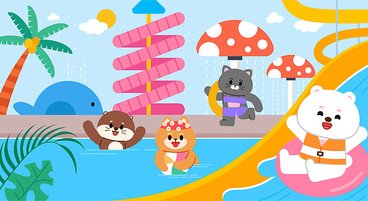 구름 수영복 행복 동물캐릭터 잎 일러스트 곰 안기 물놀이 하늘 수영장 미소 웃음 들기 사람없음 친구 여름휴가 바캉스 야자수 태양 손들기 걷기 귀여움 고양이 만세 강아지 놀이기구 승차 비치볼 즐거움 구명조끼 수영모 튜브 버섯모양 물뿜기 수달 워터슬라이드 워터파크 내려오기 국내일러스트 일러캐릭터 AI파일 자연요소 모양 나무 식물 동물 캐릭터 옷 감정 컨셉 공 포유류 관계 모션 놀이 휴가 바캉스용품 표정 반려동물 개 수영용품 구조용품 파일형식 벡터 여름_계절