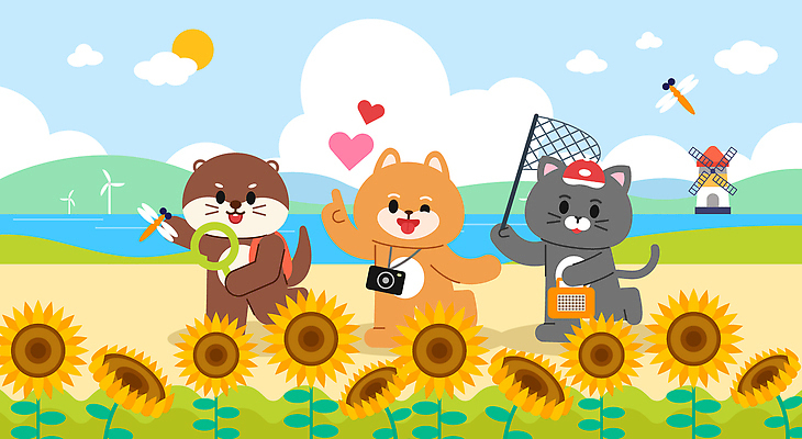 구름 동물캐릭터 꽃밭 일러스트 하늘 돋보기 해바라기 책가방 윙크 웃음 들기 사람없음 친구 여름휴가 바캉스 태양 걷기 카메라 귀여움 풍차 하트 가리킴 잠자리 강가 언덕 즐거움 메롱 곤충채집 풍력기 채집망 수달 채집통 캡모자 국내일러스트 일러캐릭터 AI파일 자연요소 모양 동물 캐릭터 모자_잡화 꽃 감정 곤충 컨셉 가방 관계 모션 휴가 통 표정 손짓 전자제품 강 풍력에너지 수집 파일형식 벡터 여름_계절