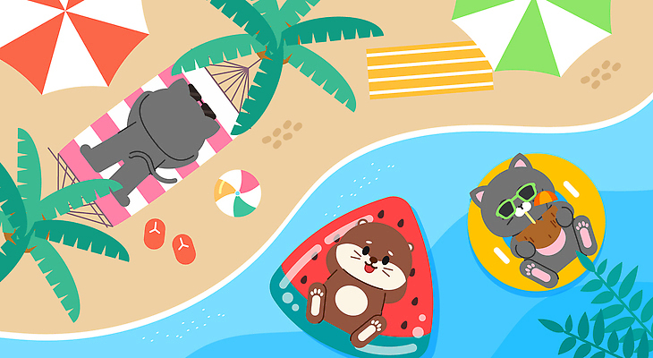 엎드리기 동물캐릭터 일러스트 물놀이 휴식 미소 들기 해변 사람없음 여름휴가 바캉스 모래사장 선글라스 야자수 눕기 귀여움 고양이 마시기 파라솔 선탠 편안함 쪼리 비치볼 즐거움 돗자리 튜브 해먹 팔베개 수달 종이우산 코코넛주스 국내일러스트 일러캐릭터 AI파일 나무 동물 캐릭터 감정 안경 바다 컨셉 우산 공 포유류 모션 놀이 휴가 바캉스용품 표정 반려동물 주스 침대 감각 샌들 코코넛 파일형식 벡터 여름_계절