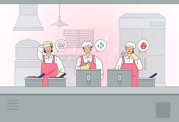 PSD 여자 말풍선 일러스트 불 요리 미소 상반신 세명 주방 요리사 앞치마 물방울 작업 뜨거움 연기 냄비 더위 조리복 국자 조리대 땀 고무장갑 냉장고 닦기 급식소 식사준비 영양사 위생모 힘듦 탈수 젓기 국내일러스트 자연요소 직업 장갑 컨셉 유니폼 모션 주방용품 날씨 표정 사람 가전제품 솥 준비 고무 급식 파일형식