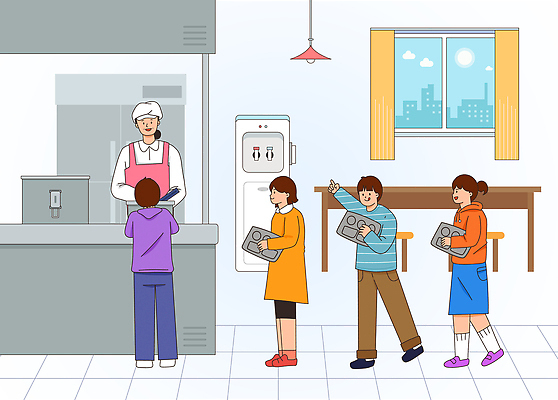 전신 PSD 여자 남자 초등학생 어린이 의자 일러스트 창문 학교 탁자 미소 들기 여러명 요리사 앞치마 가리킴 커튼 냄비 조리복 즐거움 감사 식판 급식소 배식 영양사 위생모 입맛 정수기 줄서기 국내일러스트 직업 학생 교육 감정 가구 다수 유니폼 모션 표정 사람 손짓 솥 급식 파일형식