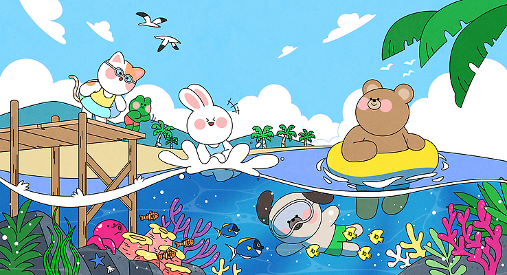 파도 바다 동물캐릭터 일러스트 곰 물놀이 휴식 해변 사람없음 친구 수중 수영 고양이 토끼 산호초 강아지 즐거움 튜브 국내일러스트 일러캐릭터 AI파일 동물 캐릭터 감정 컨셉 포유류 관계 놀이 반려동물 수상스포츠 수중식물 개 파일형식 벡터