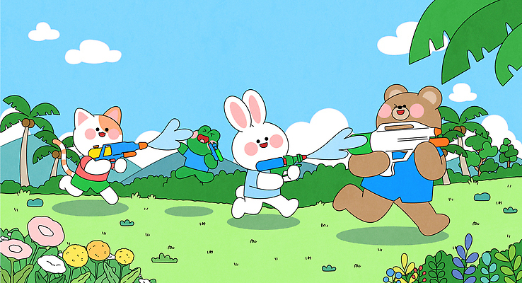 동물캐릭터 일러스트 곰 가족 물놀이 개구리 웃음 들기 초원 사람없음 야외 친구 장난감 고양이 토끼 발사 즐거움 물총 국내일러스트 일러캐릭터 AI파일 동물 캐릭터 감정 포유류 관계 모션 놀이 표정 양서류 반려동물 파일형식 벡터