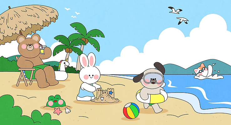 파도 동물캐릭터 일러스트 곰 휴식 수영장 개구리 해변 사람없음 친구 장난감 토끼 파라솔 강아지 선탠 비치볼 코코넛 모래성 튜브 국내일러스트 일러캐릭터 AI파일 동물 캐릭터 모래 바다 컨셉 과일 공 포유류 관계 바캉스용품 양서류 반려동물 개 파일형식 벡터