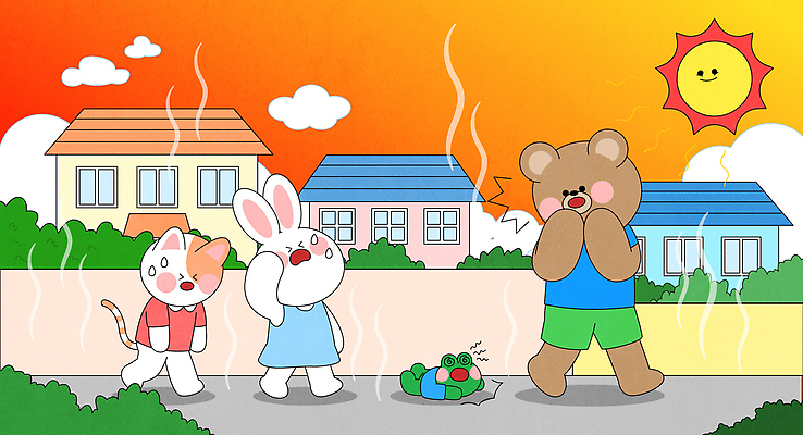 동물캐릭터 일러스트 곰 날씨 주택 개구리 사람없음 친구 담장 햇빛 고양이 놀람 토끼 뜨거움 더위 땀 넘어짐 국내일러스트 일러캐릭터 AI파일 동물 캐릭터 감정 포유류 관계 모션 표정 양서류 건물 반려동물 태양 파일형식 벡터