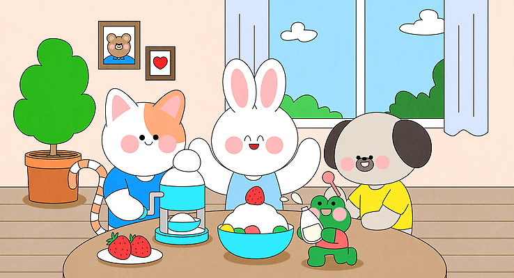 동물캐릭터 일러스트 창문 가족 탁자 아이스크림 함께함 개구리 요리 들기 사람없음 친구 주방 고양이 만세 토끼 강아지 즐거움 과일빙수 국내일러스트 일러캐릭터 AI파일 동물 캐릭터 감정 가구 컨셉 과일 포유류 관계 모션 디저트 양서류 반려동물 개 빙수 파일형식 벡터