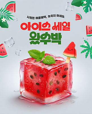 PSD 편집이미지 잎 과일 사람없음 여름 3D 얼음 수분 시원함 즐거움 수박조각 얼림 이미지편집 편집3D 자연요소 식물 계절 감정 조각 컨셉 수박 디지털합성 파일형식